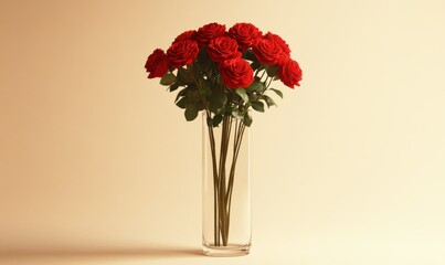 Fototapeta premium Vibrant red roses in a tall glass vase, set against a muted background for a timeless floral arrangement