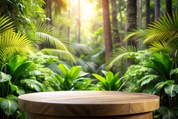 Wood tabletop podium floor in outdoors tropical garden forest blurred green leaf plant nature background.