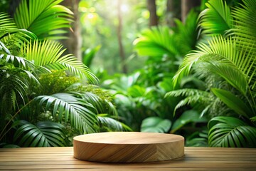 Obraz premium Wood tabletop podium floor in outdoors tropical garden forest blurred green leaf plant nature background.
