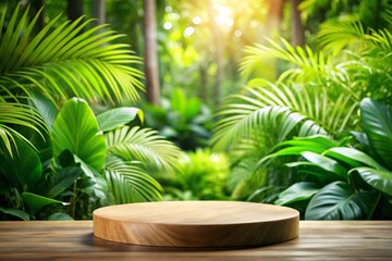 Obraz premium Wood tabletop podium floor in outdoors tropical garden forest blurred green leaf plant nature background.