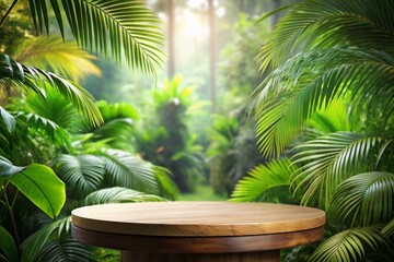 Obraz premium Wood tabletop podium floor in outdoors tropical garden forest blurred green leaf plant nature background.