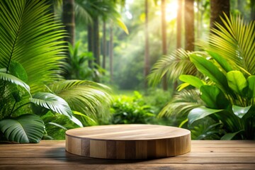 Wood tabletop podium floor in outdoors tropical garden forest blurred green leaf plant nature background.