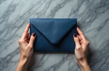 Female hands hold luxurious blue envelope. Sophisticated stationary on marble surface. Elegant design perfect for formal invitations announcements. Close-up view highlights details of envelope,