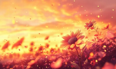 Vibrant sunflower field under a warm golden hour light, with petals glowing and the sky painted in shades of orange and pink