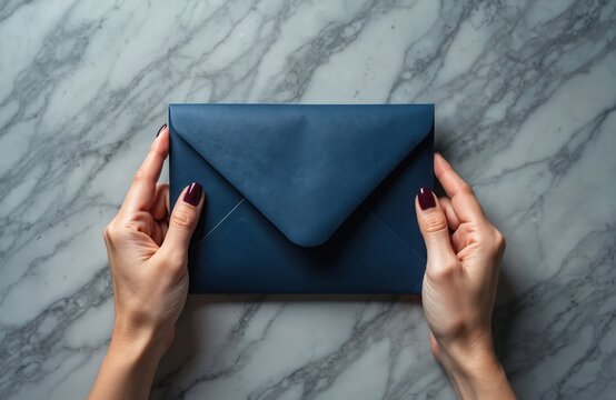 Female hands hold luxurious blue envelope. Sophisticated stationary on marble surface. Elegant design perfect for formal invitations announcements. Close-up view highlights details of envelope,
