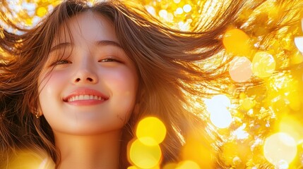 Fototapeta premium Happy Young Woman Smiling with Flowing Hair Surrounded by Golden Bokeh Lights in a Bright Outdoor Setting