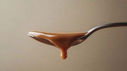 A smooth layer of molten chocolate dripping from a spoon against a neutral backdrop.