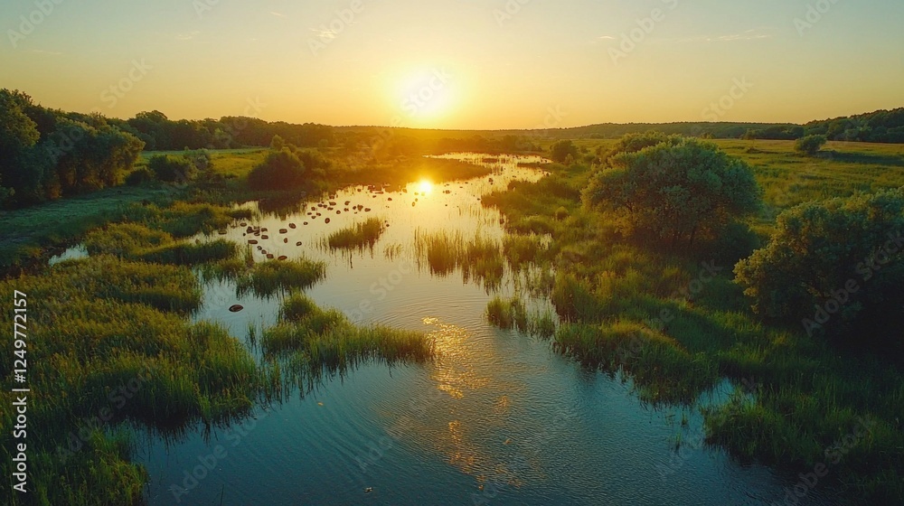 Poster a peaceful summer evening reveals cows grazing in lush green fields under the golden light of the se