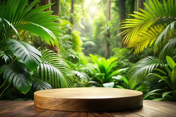 Wood tabletop podium floor in outdoors tropical garden forest blurred green leaf plant nature background.