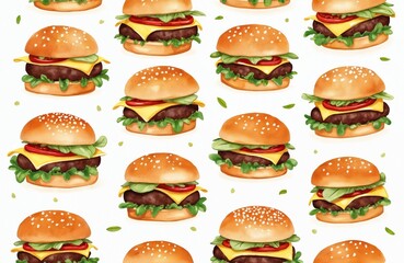Cute comical watercolor burgers on white background. Minimalist design. Fast food art. Playful, fun. Perfect for graphic print, epicurean design, kids products. Simple food illustration. Ideal for
