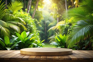 Wood tabletop podium floor in outdoors tropical garden forest blurred green leaf plant nature background.