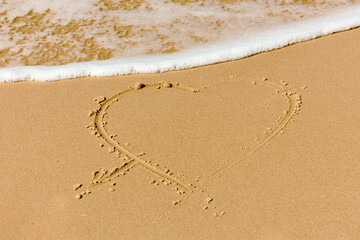 A heart-shaped drawing in the sand on the beach