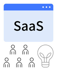 Web browser window labeled SaaS five user icons, light bulb symbolizing ideas. Ideal for Software as a Service, teamwork, collaboration, innovation, technology, solutions, startups. Line metaphor