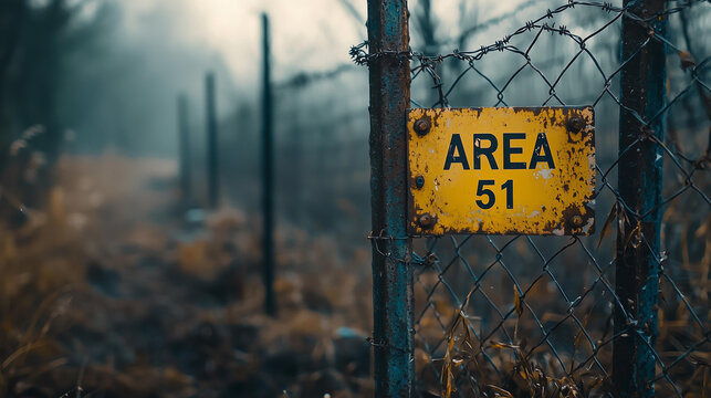 Mysterious and moody Area 51 sign on a rusty fence, symbolizing secrecy, conspiracy theories, and restricted access.