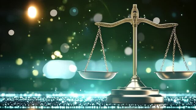 A balanced scale symbolizing justice, set against a blurred background with soft light effects.
