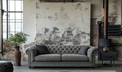 Vintage Grey Sofa in an Industrial Chic Setting