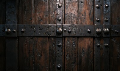 Fototapeta premium Vintage wooden door with aged metal rivets, its rustic texture telling a story of time and history, illuminated by soft natural light