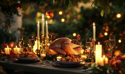 Warm and glowing festive dinner scene with a roast turkey centerpiece, surrounded by candles, greenery, and sparkling wine glasses, evoking celebration