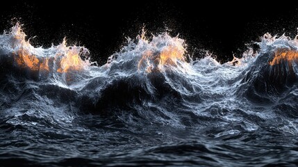 Fiery Waves Crashing on Dark Ocean