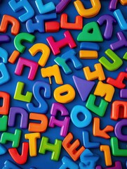 Text made in multicolored magnetic letters. SEO. Blue background