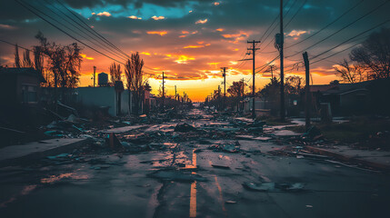 Deserted street with debris illuminated by dramatic sunset after disaster, urban decay. Ghost Towns & Abandoned Places. Illustration