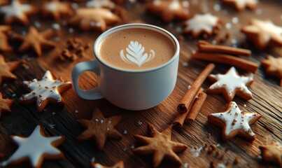 Warm cup of coffee surrounded by cinnamon sticks and star-shaped cookies on a wooden surface, perfect for cozy winter vibes