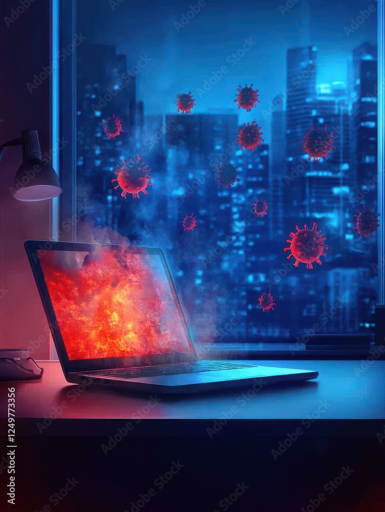 Poster laptop virus alert, hacker attack. office panic due to hacker attack on computer illustration