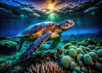 Fototapeta premium Night dive reveals bioluminescent coral illuminating a sea turtle amidst a vibrant reef's aquatic life.