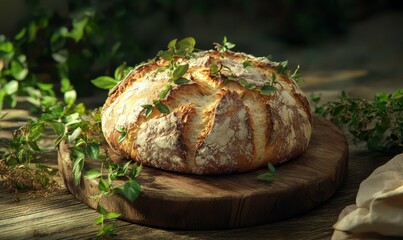 Warm rustic loaf of bread with vibrant greenery around, creating a hearty and wholesome aesthetic