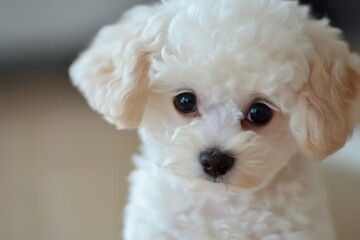 Cute puppy with curly white fur looking adorably curious