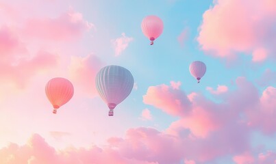 Obraz premium Whimsical air balloons floating in a gradient sky of pastel pinks and blues, creating a dreamy sense of adventure.