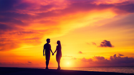 Loving Couple in Silhouette Holding Hands Against a Warm, Vibrant Sunset, Capturing the Essence of Romance, Connection, and Serene Togetherness in a Beautiful Outdoor Setting