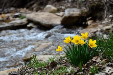 Obraz premium Yellow flowers bloom by a tranquil stream in spring