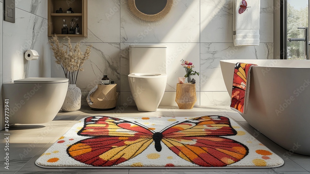 Poster brightly lit bathroom featuring a colorful butterfly mat set with round and square designs in red, y