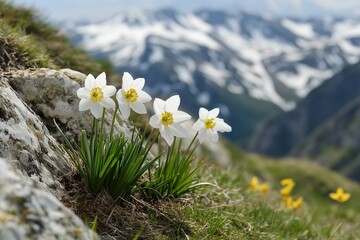 White flowers bloom in the mountains during springtime
