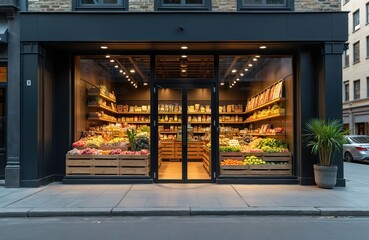 Modern grocery store with large window display, contemporary interior. Fresh produce, various food items displayed in wooden crates, on shelves. Store stylish, inviting appearance. City urban