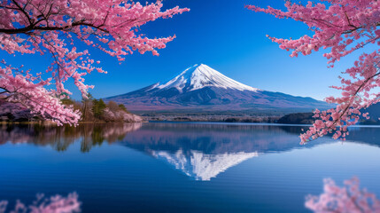 Mount Fuji's Spring Reflection:  A serene landscape featuring the iconic Mount Fuji majestically reflected in a calm lake, framed by vibrant pink cherry blossoms in full bloom.