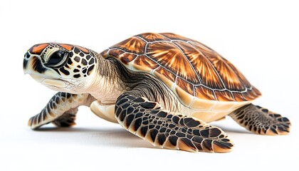 Super-realistic portrait of a brown and black turtle, captured in high-resolution with natural lighting on a white background