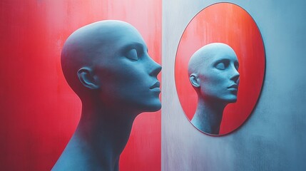 Surreal depiction human mannequins reflecting in a mirror against a pastel wall, exploring themes self-perception and societal pressures