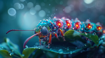 Cyber Caterpillar: A vibrant, bioluminescent caterpillar with glowing red segments crawls across a dew-kissed leaf, a surreal and captivating digital art piece.