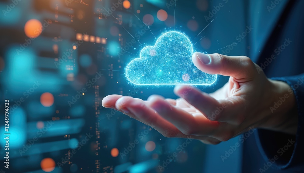 Aufkleber person interacts futuristic holographic display tech. cloud computing network displayed. high-tech e