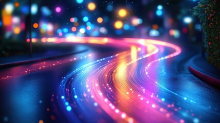 Night city road, glowing light trails, bokeh background, futuristic design, website banner