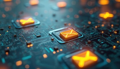 Futuristic tech interface shows glowing email icons on abstract digital circuit board. Email symbol glows neon on electronic board. Advanced tech design concept for online communication marketing.