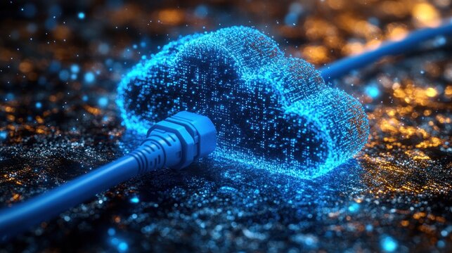 Data storage and cloud technology visualized through a blue wire connected to a pixelated cloud, set against an abstract grey backdrop