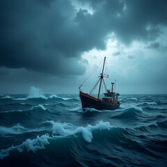Obraz premium Fishing boat battling stormy seas under dark skies