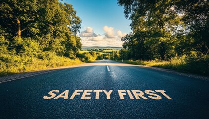 The words 'SAFETY FIRST' written on an empty road with a scenic background, blue sky, and sunlight