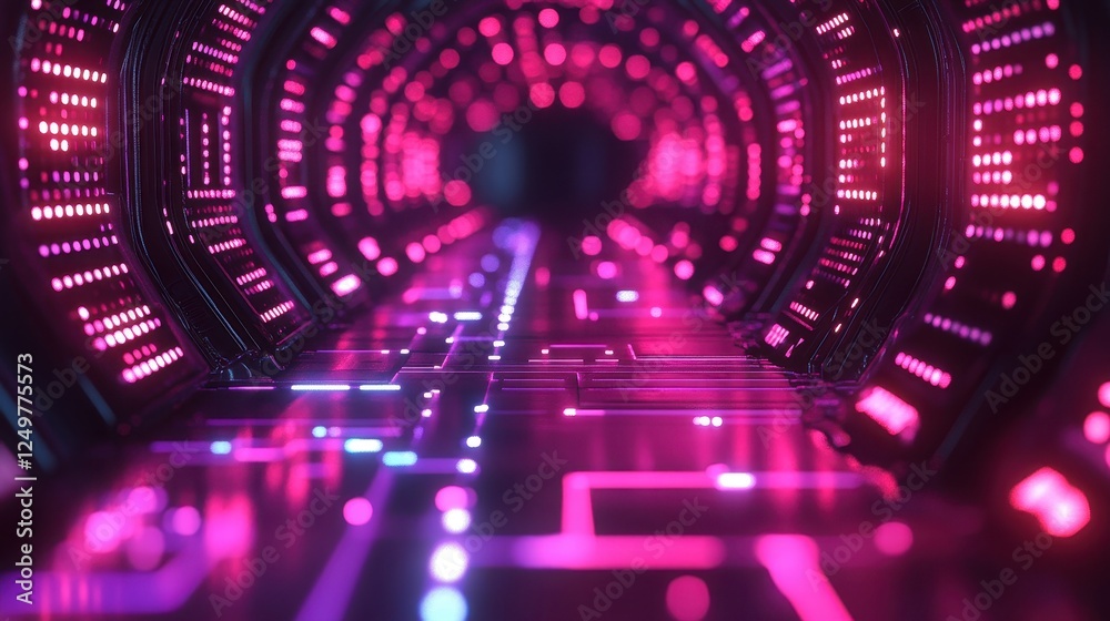 Poster futuristic pink tunnel, glowing circuit path. sci-fi background. tech concept