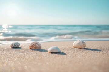 Tranquil beach setting with seashells on golden sand, gentle waves lapping in the background under a clear blue sky, evoking calm and relaxation