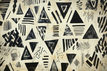 Fototapeta premium Dynamic abstract pattern featuring black triangles and lines on a textured background, creating a bold and modern visual impact