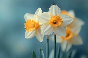 Three white and yellow daffodils against a blue background
